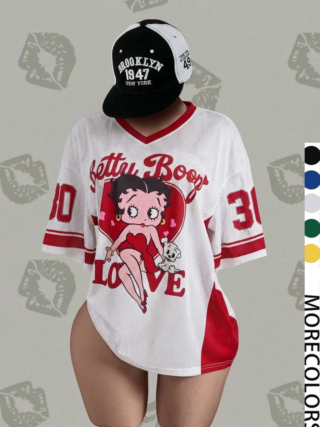 Streetwear Y2K Mesh Top – Vintage Doll Print V-Neck Shirt, Breathable Retro Aesthetic for Women