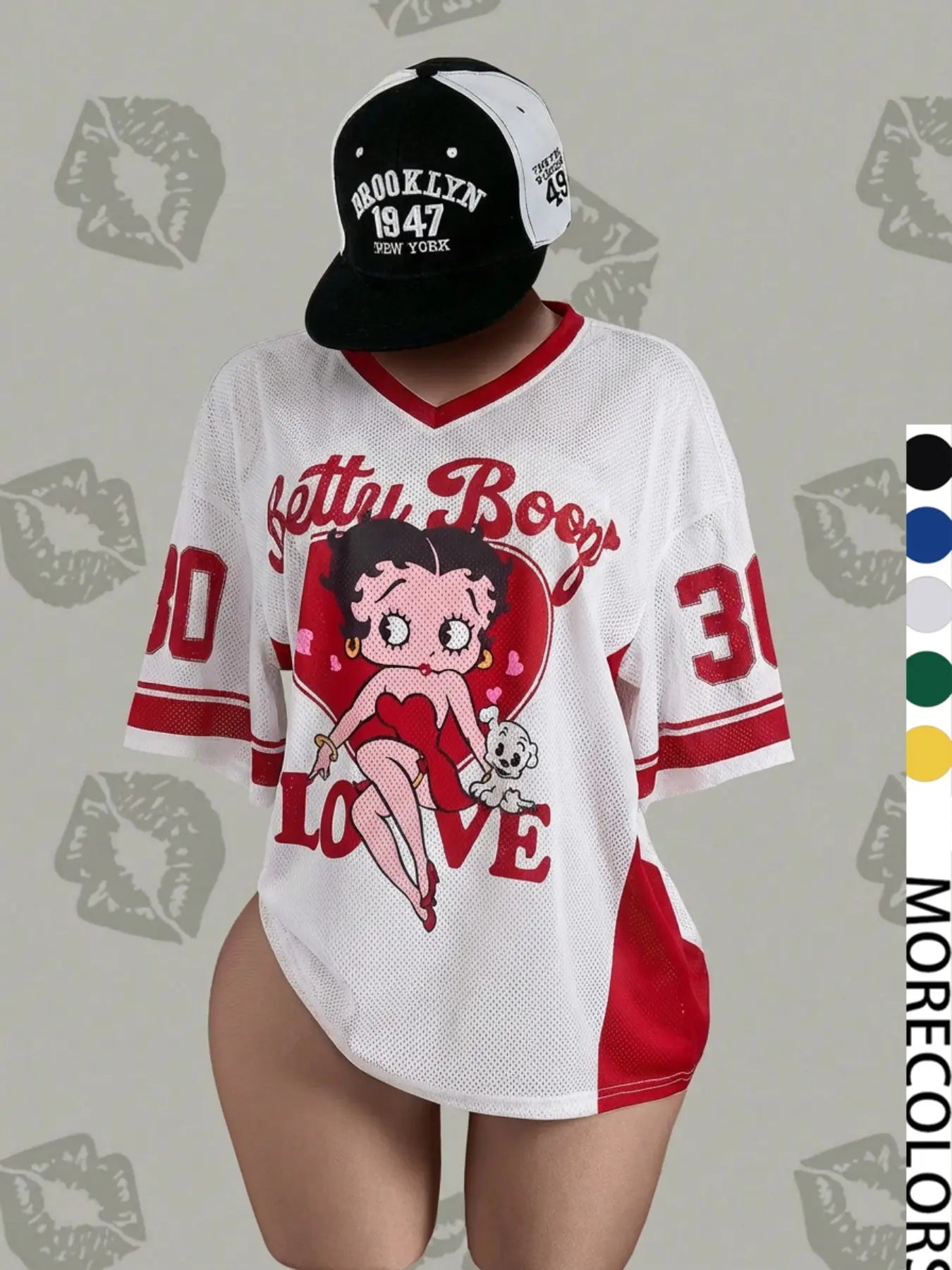 Streetwear Y2K Mesh Top – Vintage Doll Print V-Neck Shirt, Breathable Retro Aesthetic for Women