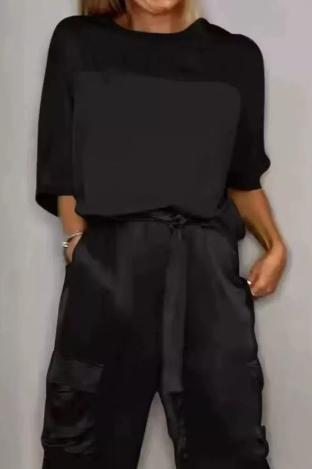 Satin Round Neck Top and Pants Set