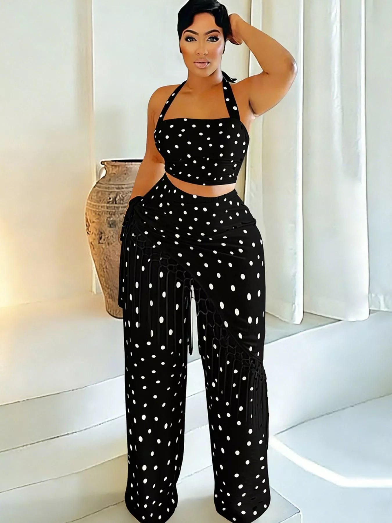 Polka Dot Halter Neck Cami and Fringe Trim Pants Set