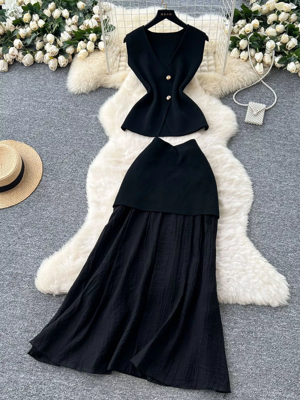 Button Up Sleeveless Top and Skirt Set