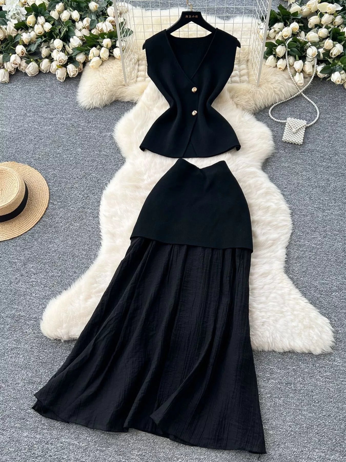 Button Up Sleeveless Top and Skirt Set