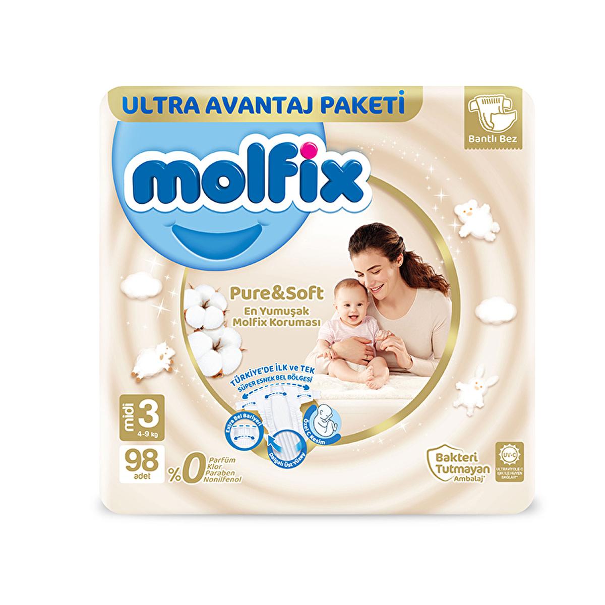 Molfix Pure & Soft: Gentle Protection Baby Diapers - 98 Count, Soft, Hypoallergenic, Chemical-Free for Sensitive Skin