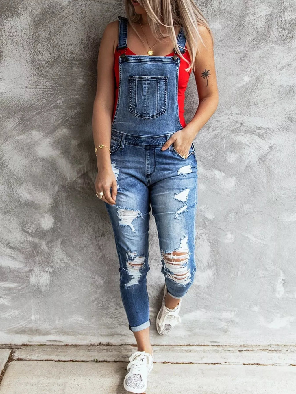 Wide Strap Distressed Denim Overalls