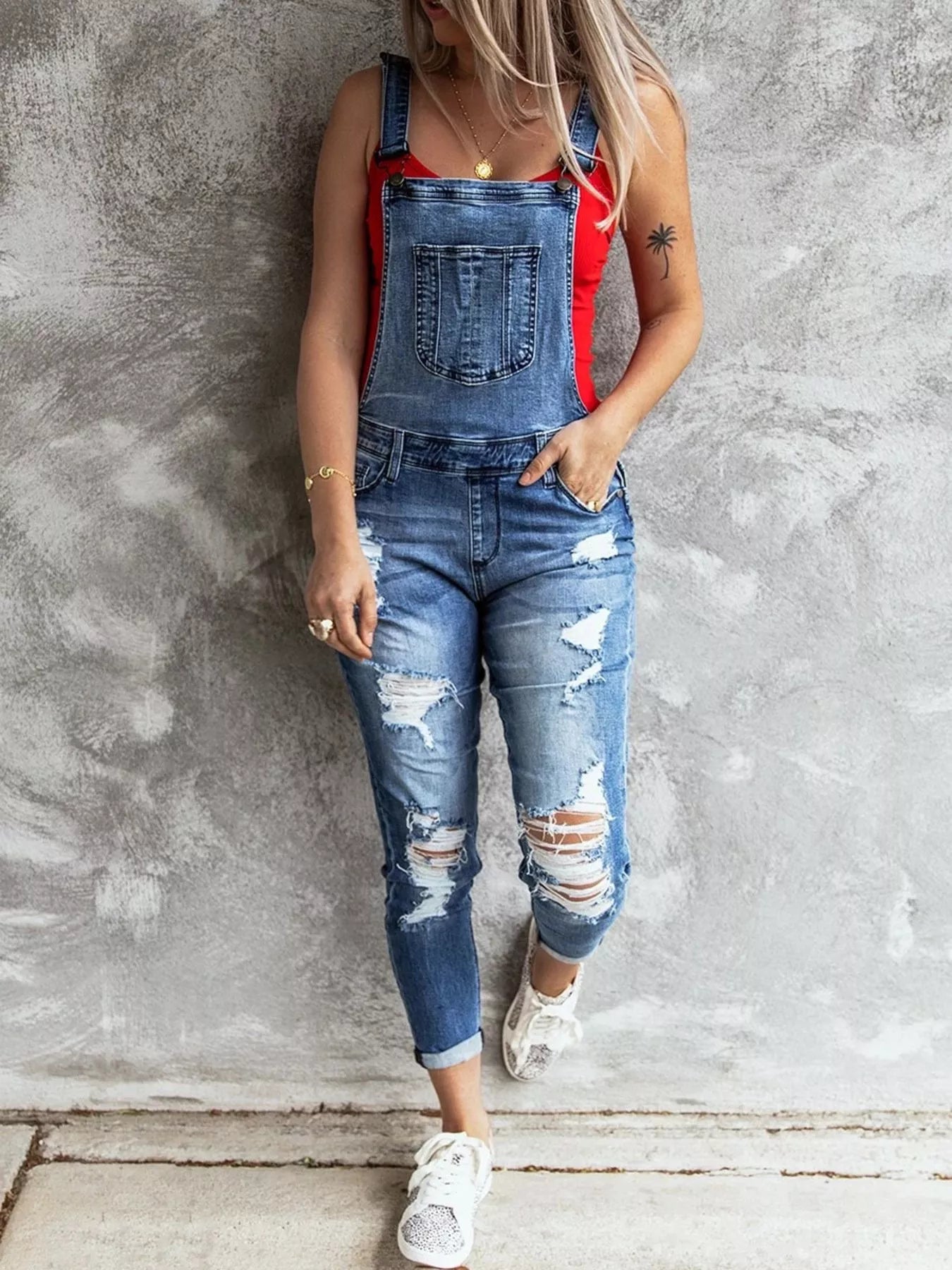 Wide Strap Distressed Denim Overalls