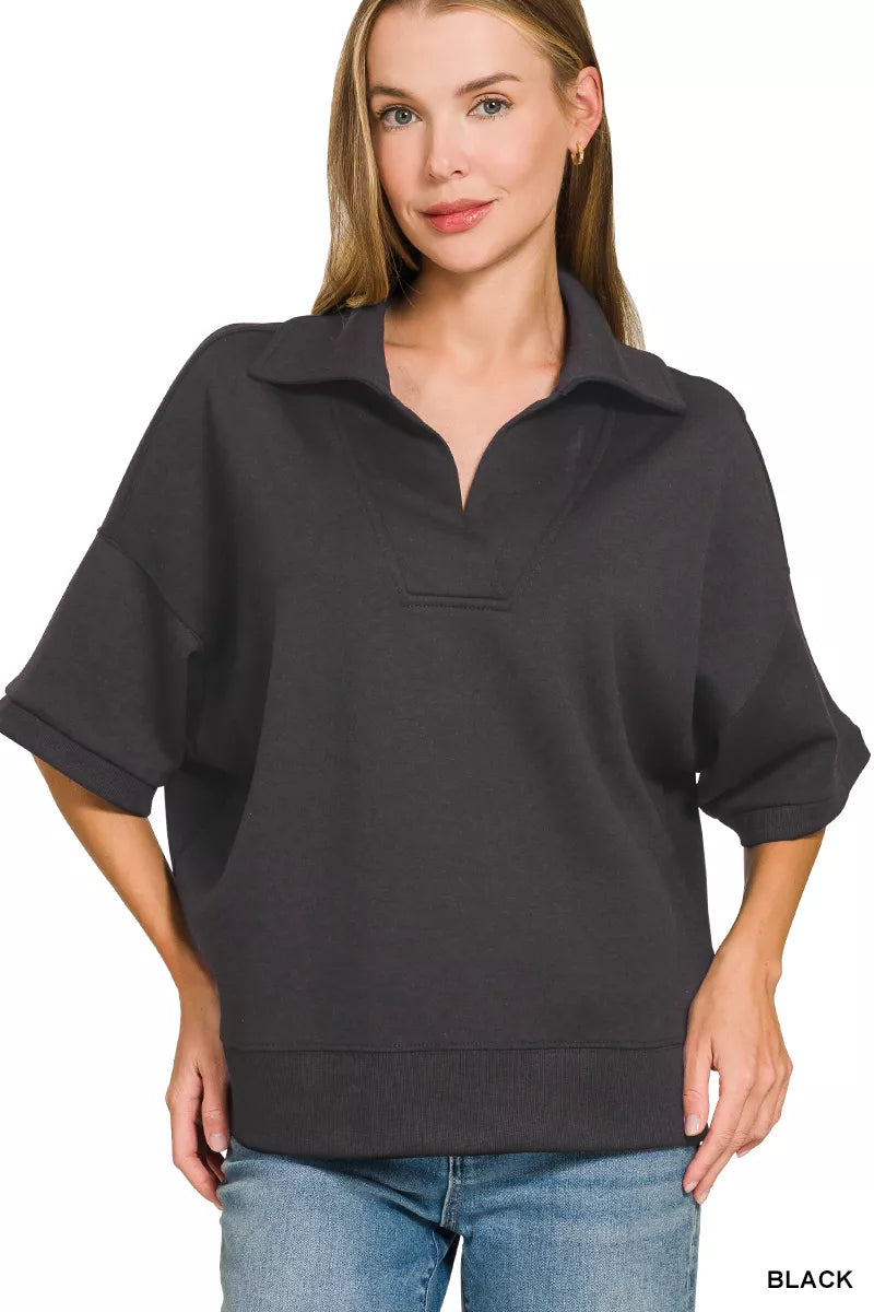 Zenana Scuba Collared Short Sleeve Pullover