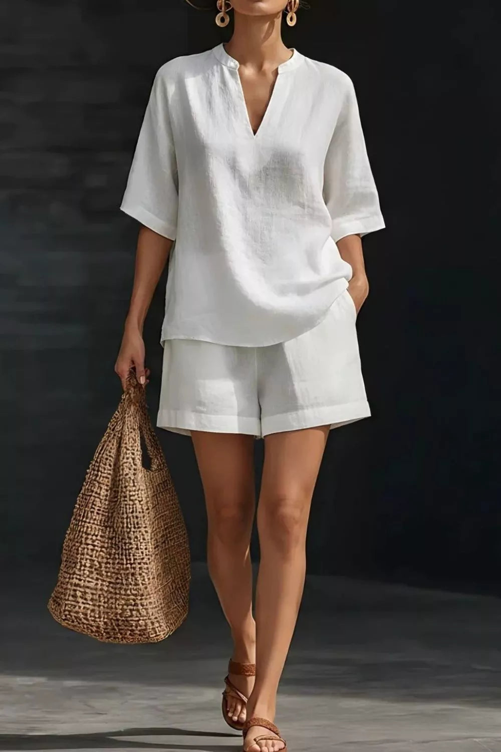 Notched Half Sleeve Top and Shorts Set
