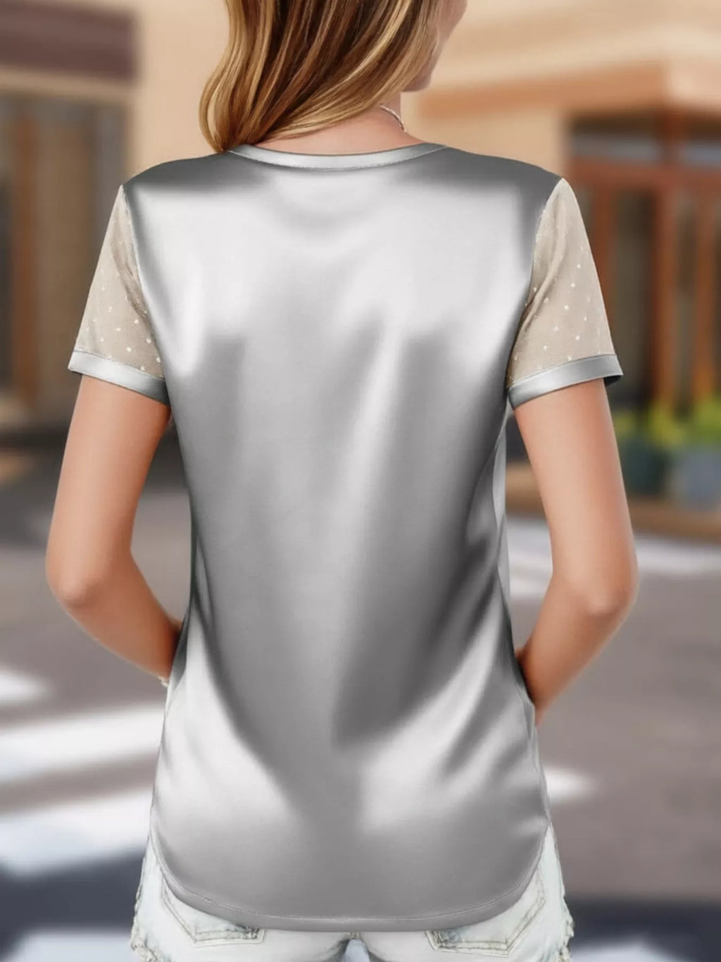 Satin V-Neck Sheer Short Sleeve Top
