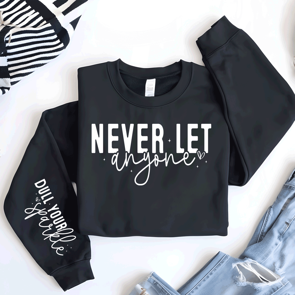 A Blessed Texas Mess Boutique Never let anyone Dull yuou Sparkle, Sleeve print crewneck, Mental Health… — A Blessed Texas Mess Boutique branding close-up