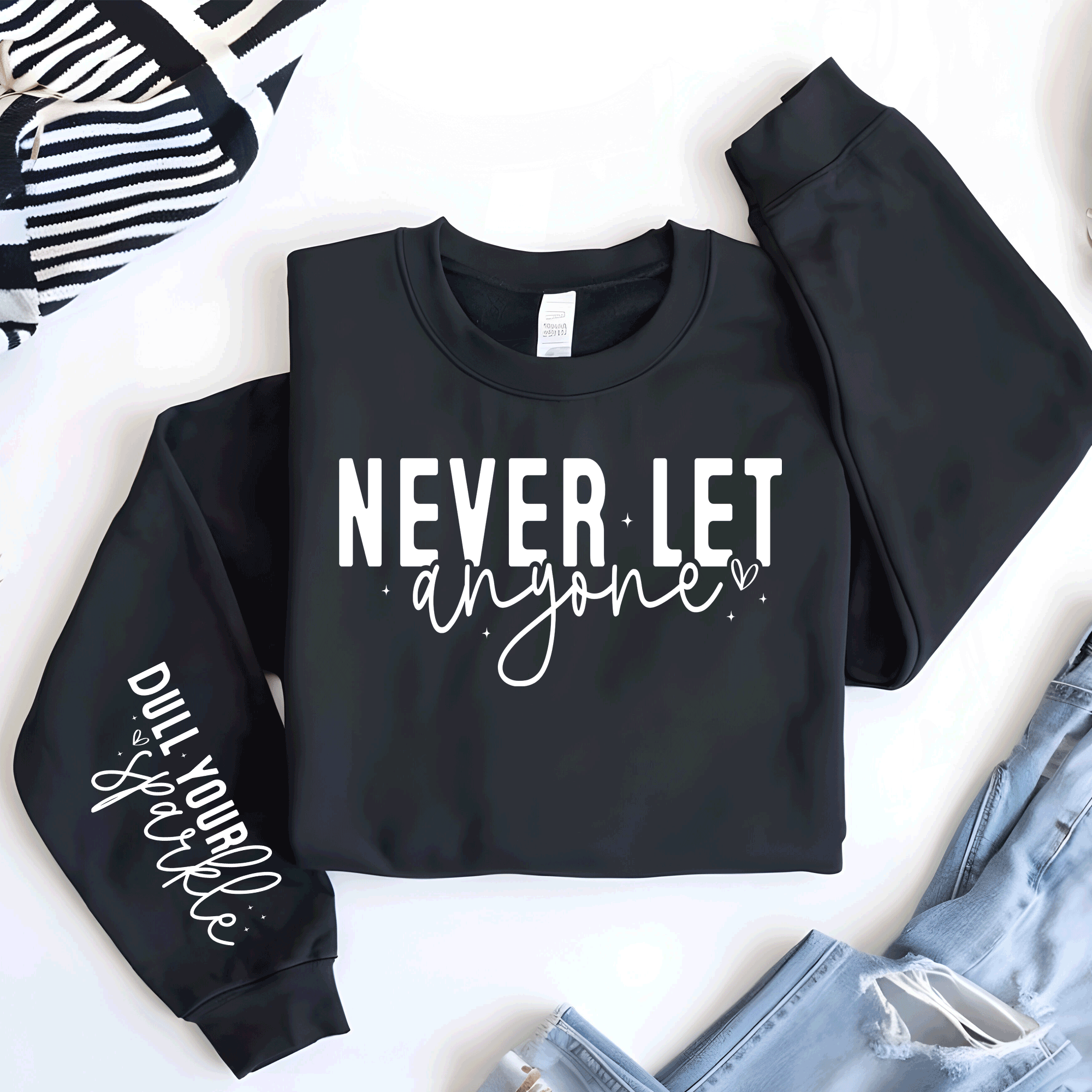 A Blessed Texas Mess Boutique Never let anyone Dull yuou Sparkle, Sleeve print crewneck, Mental Health… — A Blessed Texas Mess Boutique branding close-up