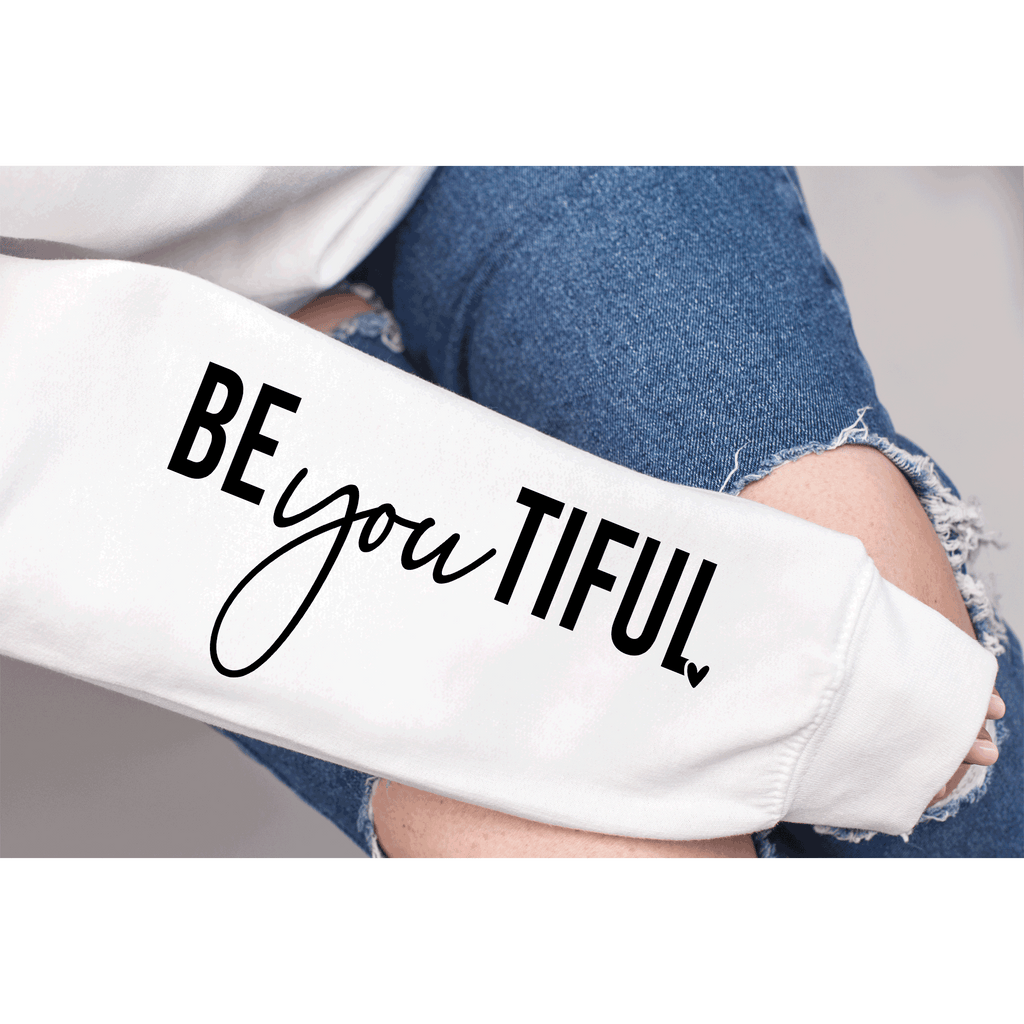 A Blessed Texas Mess Boutique Showing up as yourself BEAUTIFUL BEyouTIFUL Self Love, Sleeve print crewneck,… — construction detail