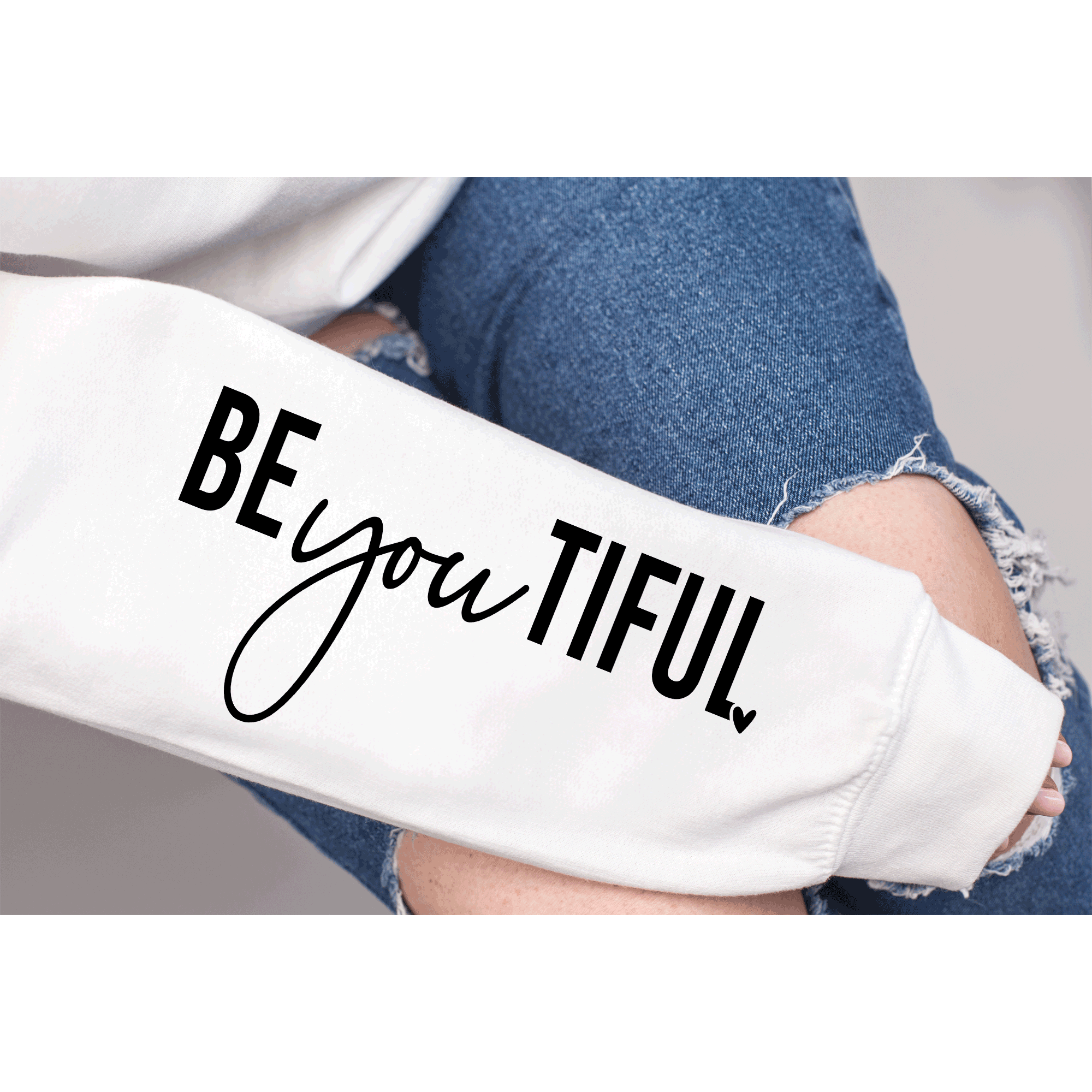 A Blessed Texas Mess Boutique Showing up as yourself BEAUTIFUL BEyouTIFUL Self Love, Sleeve print crewneck,… — construction detail