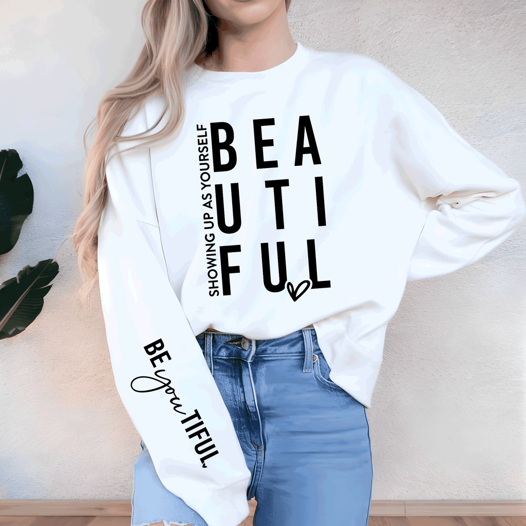 A Blessed Texas Mess Boutique Showing up as yourself BEAUTIFUL BEyouTIFUL Self Love, Sleeve print crewneck,… — A Blessed Texas Mess Boutique branding close-up