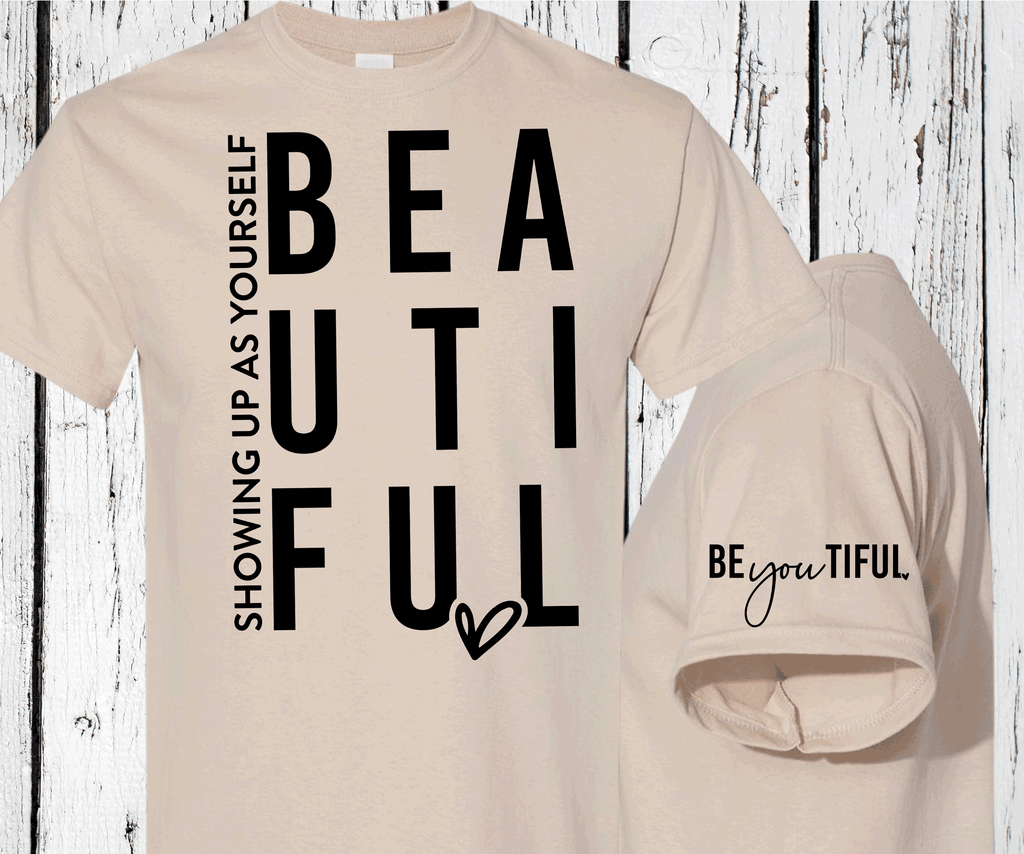 A Blessed Texas Mess Boutique Showing up as yourself BEAUTIFUL BEyouTIFUL Self Love, Sleeve print crewneck,… — detail shot 6