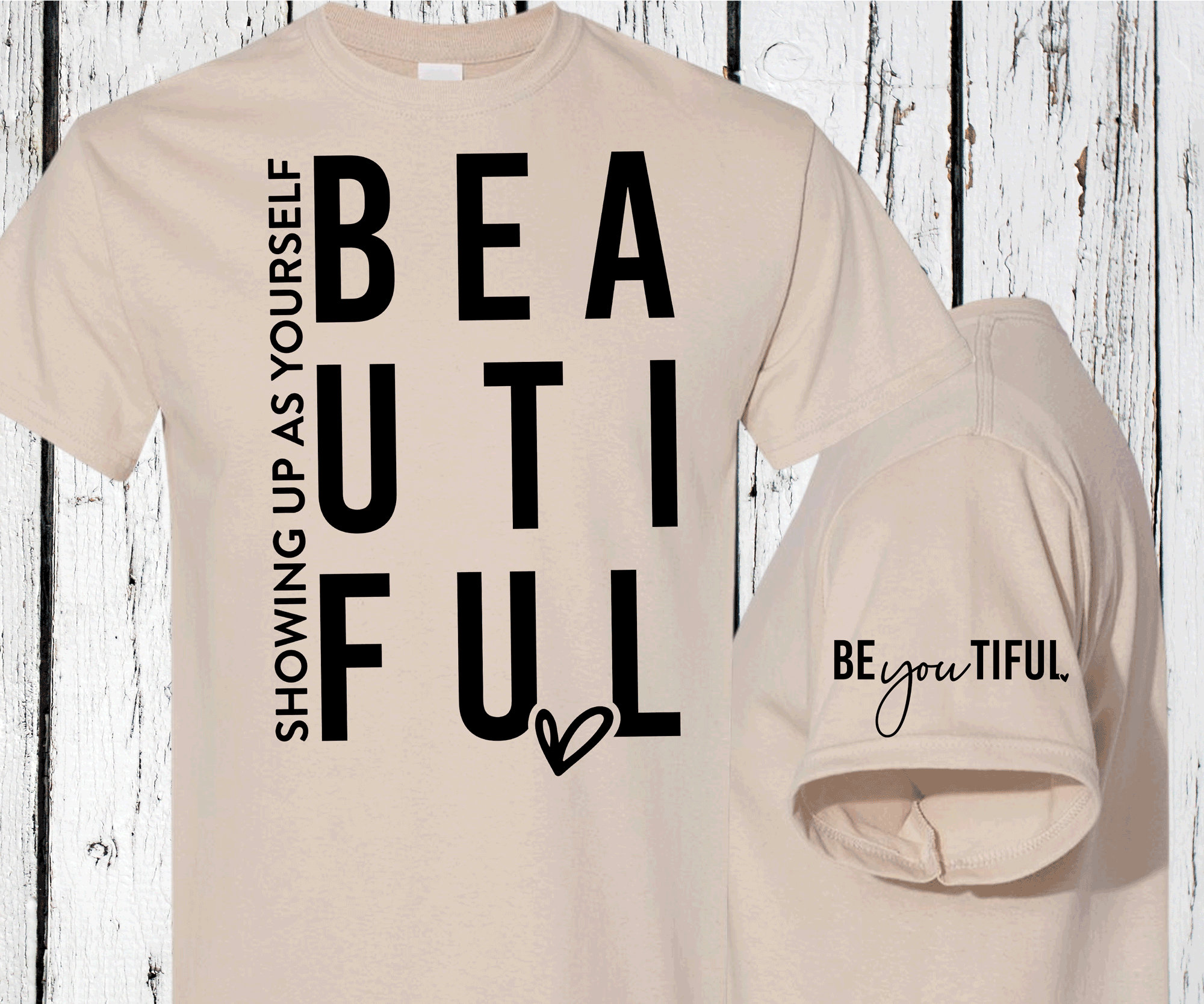A Blessed Texas Mess Boutique Showing up as yourself BEAUTIFUL BEyouTIFUL Self Love, Sleeve print crewneck,… — detail shot 6