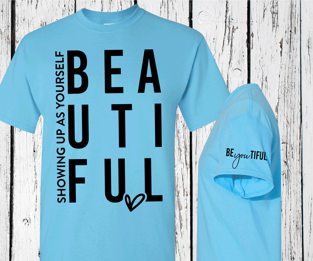 A Blessed Texas Mess Boutique Showing up as yourself BEAUTIFUL BEyouTIFUL Self Love, Sleeve print crewneck,… — detail shot 8