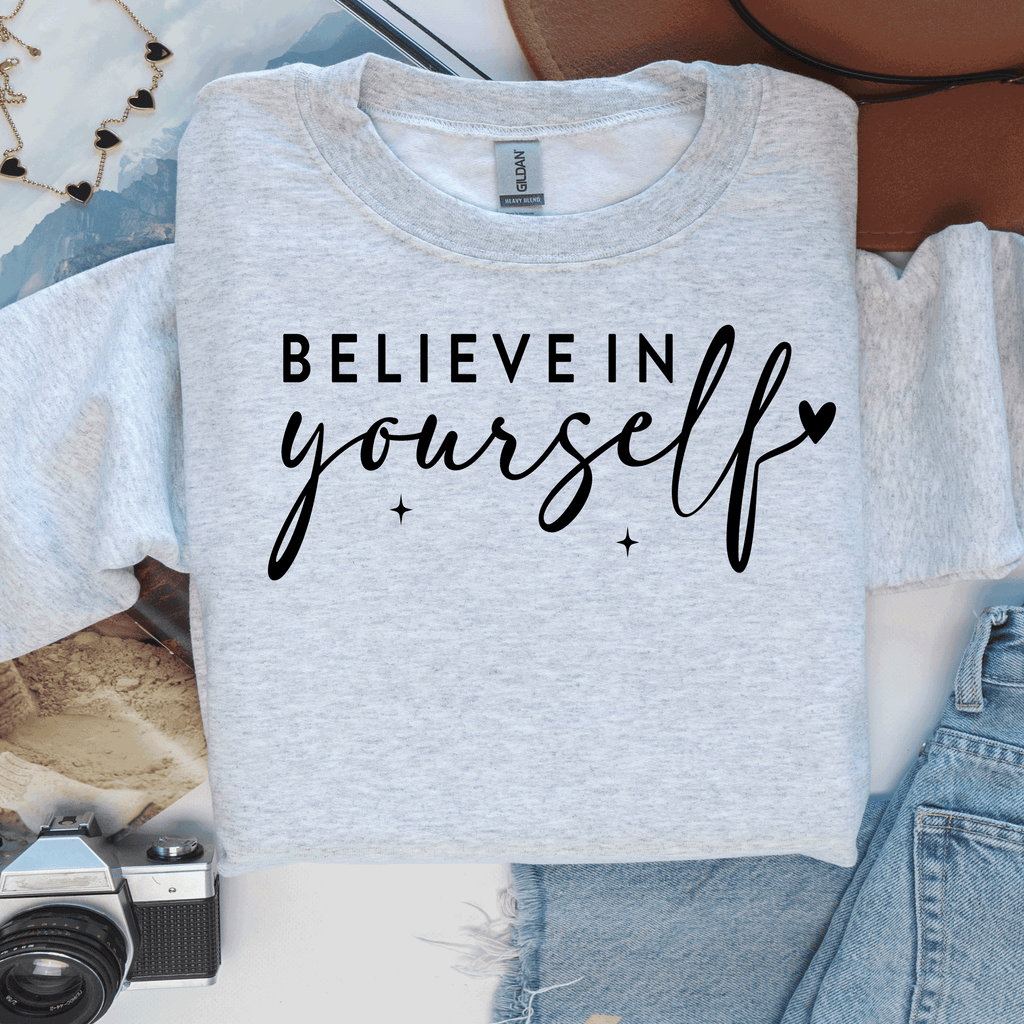 A Blessed Texas Mess Boutique Believe In Yourself Sweatshirt, Believe in yourself Shirts, Be Yourself,… — A Blessed Texas Mess Boutique branding close-up