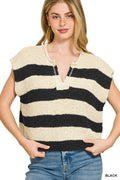 Zenana Split Neck Stripe Sleevless Sweater