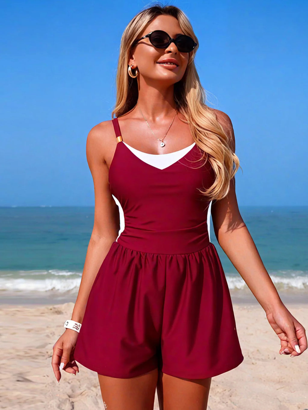 Color Block Adjustable Strap One-Piece Swimsuit