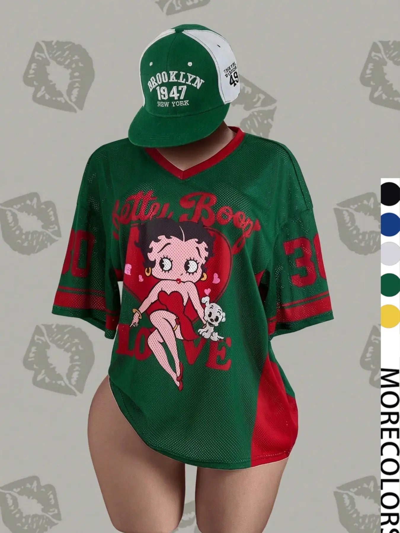 Streetwear Y2K Mesh Top – Vintage Doll Print V-Neck Shirt, Breathable Retro Aesthetic for Women