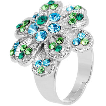 BodyCandy Blue Green Passionate Petals Flower Adjustable Ring — detail close-up
