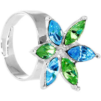 BodyCandy Blue Green Marquise Flower Adjustable Ring — detail close-up