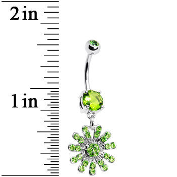 BodyCandy Peridot Green Gem Gerber Daisy Flower Belly Ring — detail close-up