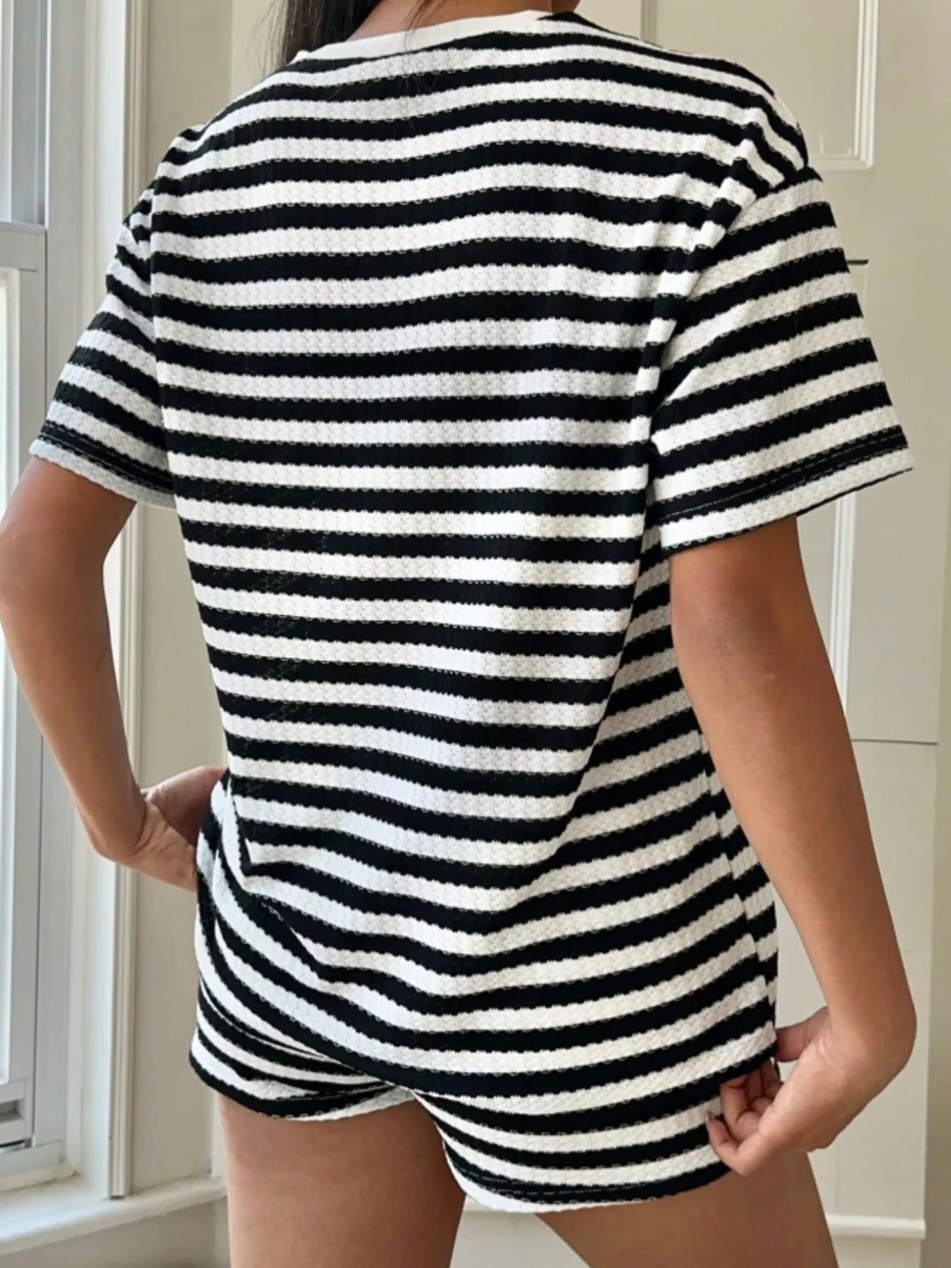 Striped Round Neck Top and Shorts Set
