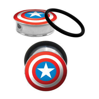 BodyCandy 7/8 Captain America Steel Tunnel Plugs Set — detail close-up