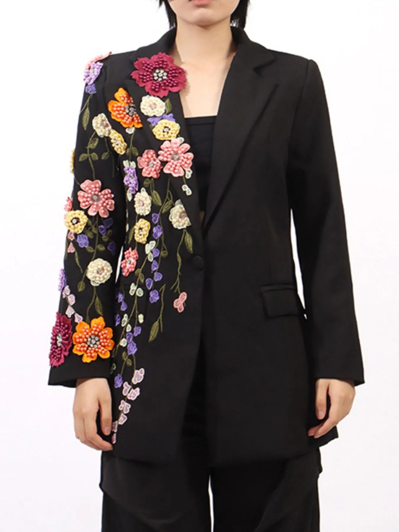 Pearl Detail Flower Lapel Collar Blazer