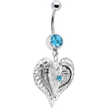 BodyCandy Aqua Gem Love at First Sight Heart Belly Ring — detail close-up