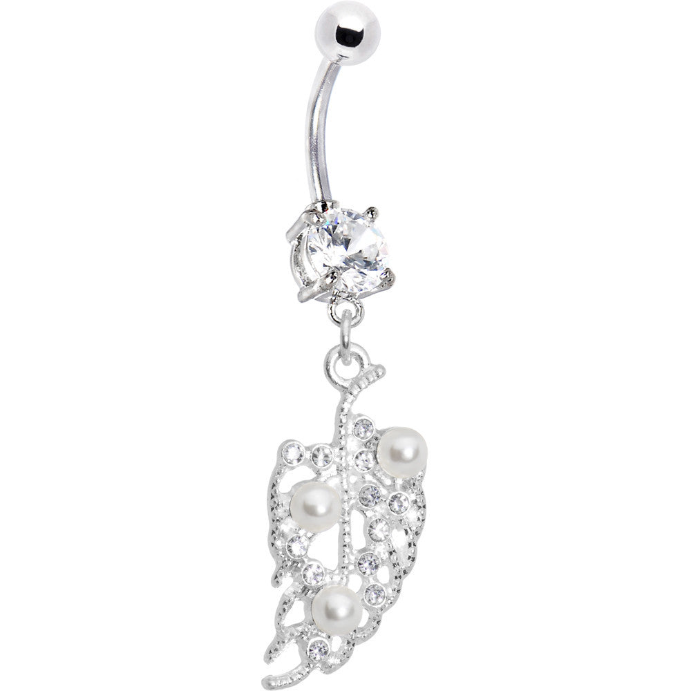 BodyCandy Crystalline Gem Faux Pearl Leaf Belly Ring — main product shot