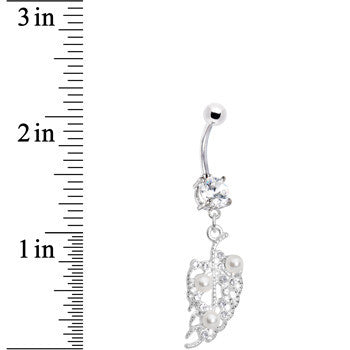 BodyCandy Crystalline Gem Faux Pearl Leaf Belly Ring — detail close-up