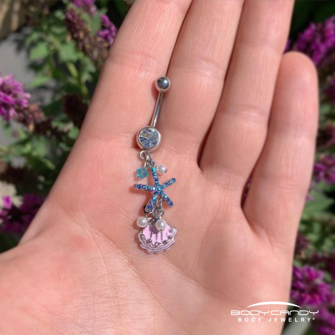 BodyCandy Clear Blue Gem Ocean Treasure Nautical Dangle Belly Ring — lifestyle context