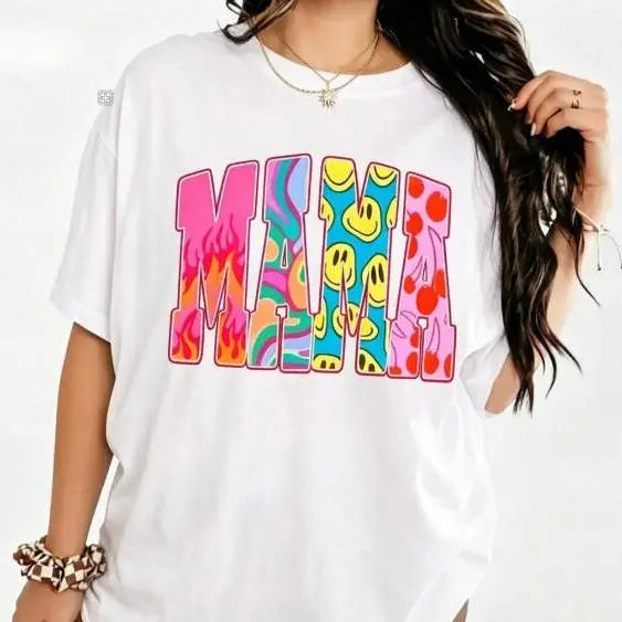Color Block "MAMA" Graphic Tee – Trendy Retro Typography T-Shirt, Remastered Heavy Cotton Boho Mom Top, Soft Lived-In Relaxed Fit Casual Apparel, Made in USA
