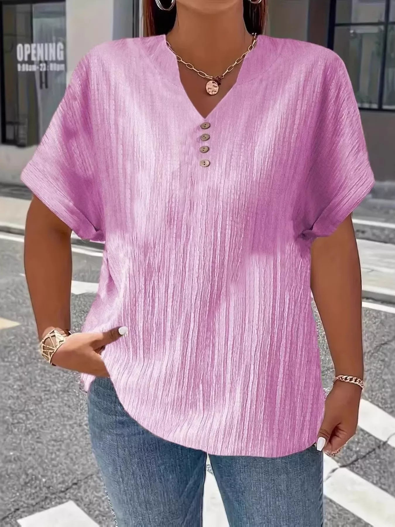 Plus Size Notched Short Sleeve Textured Top