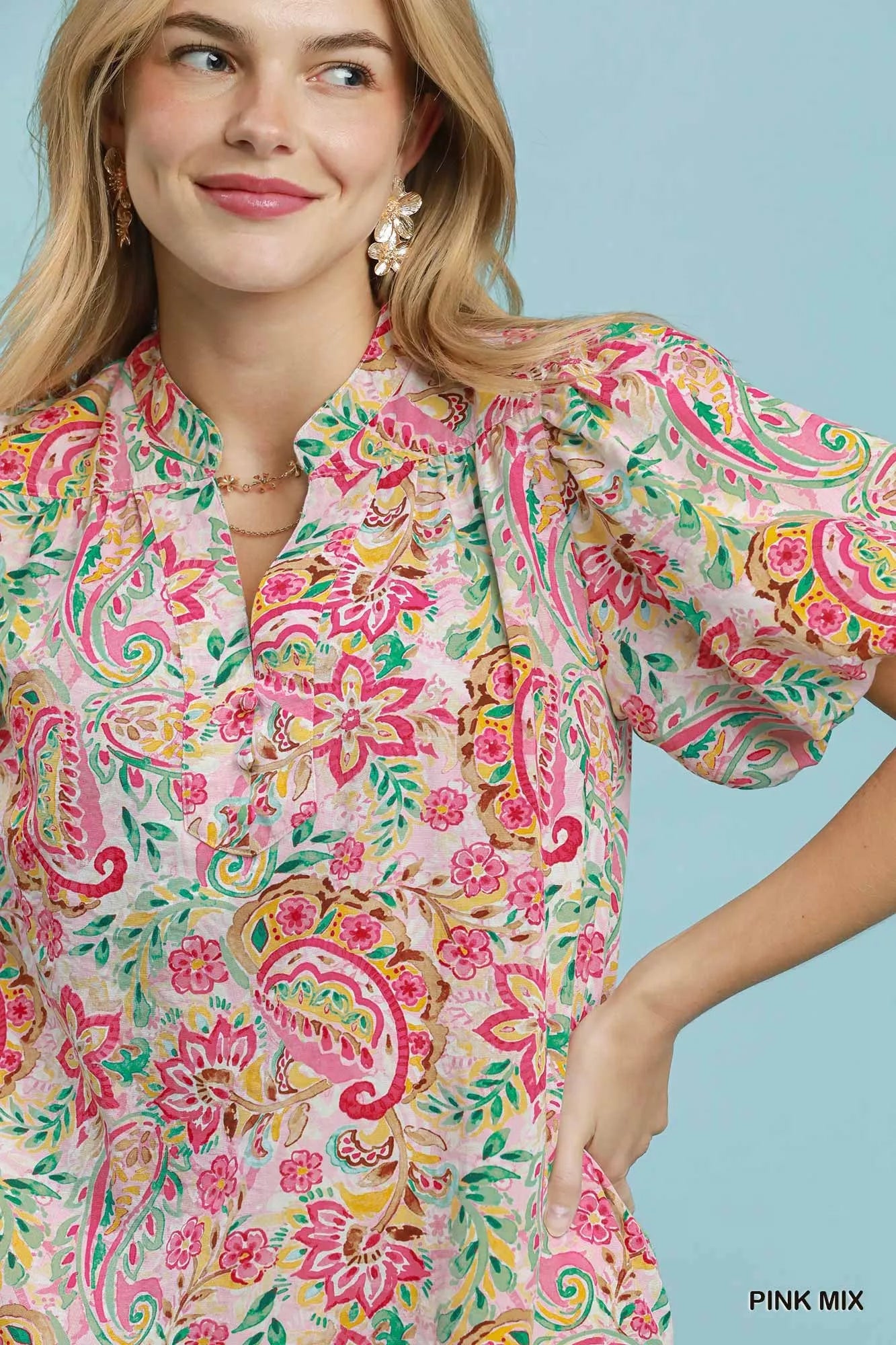 Umgee Paisley Floral Puff Sleeve Shift Dress
