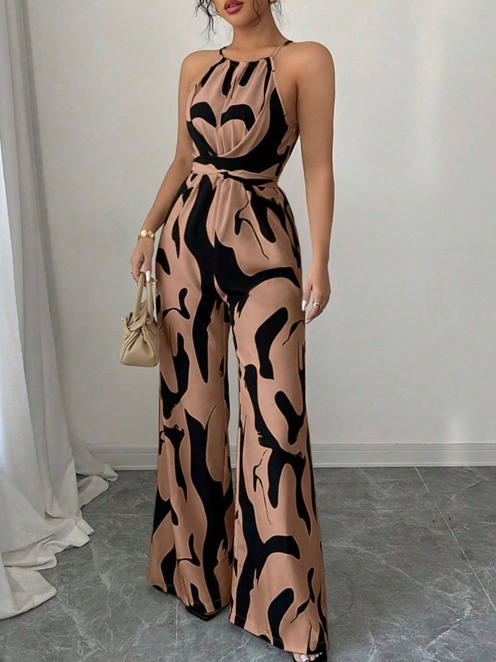 Abstract Print Sleeveless Wide Leg Jumpsuit
