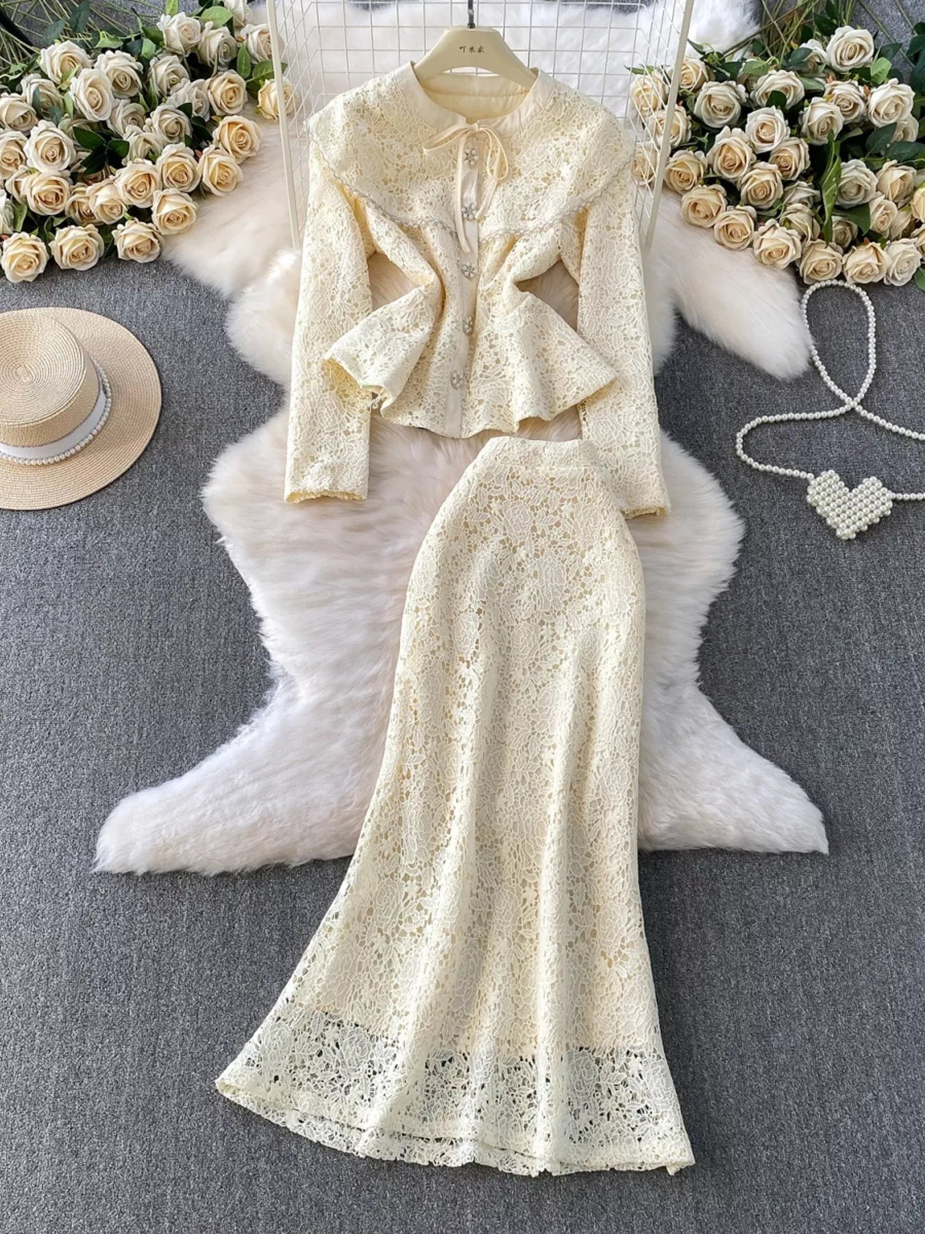 Lace Button Up Top and Skirt Set