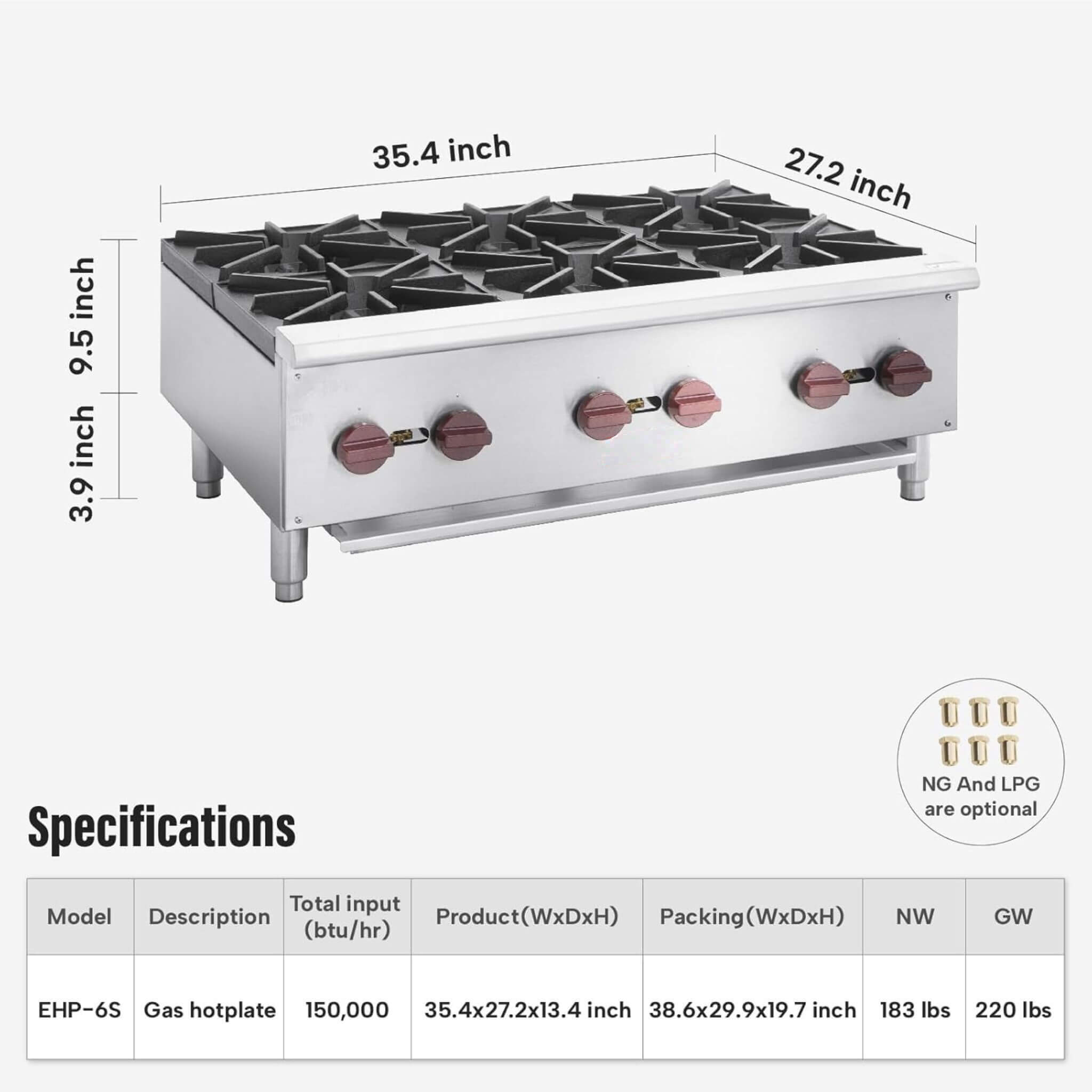 Heavy-Duty 36-Inch Commercial 150K BTU 6-Burner Stainless Steel Countertop Natural Gas And Propane Range (SAK92640) – SAKSBY 