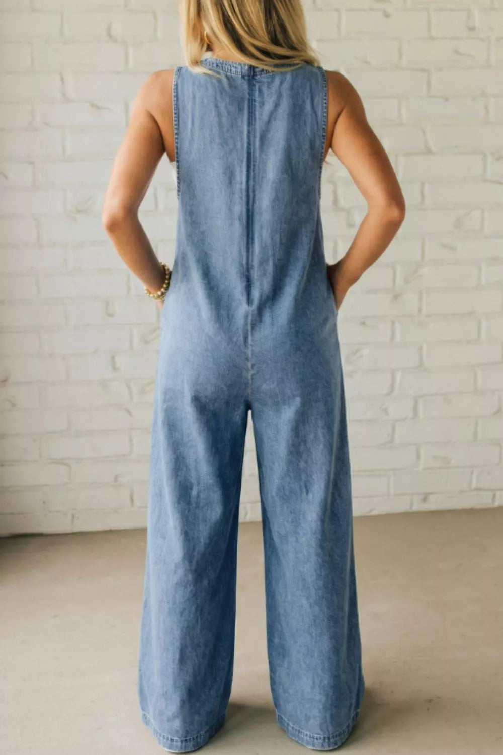 Acid Wash Pintuck Tie V Neck Denim Wide Leg Jumpsuit