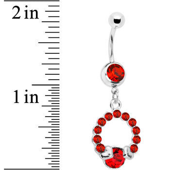 BodyCandy Red Gem Wrap Me in Love Heart Dangle Belly Ring — detail close-up