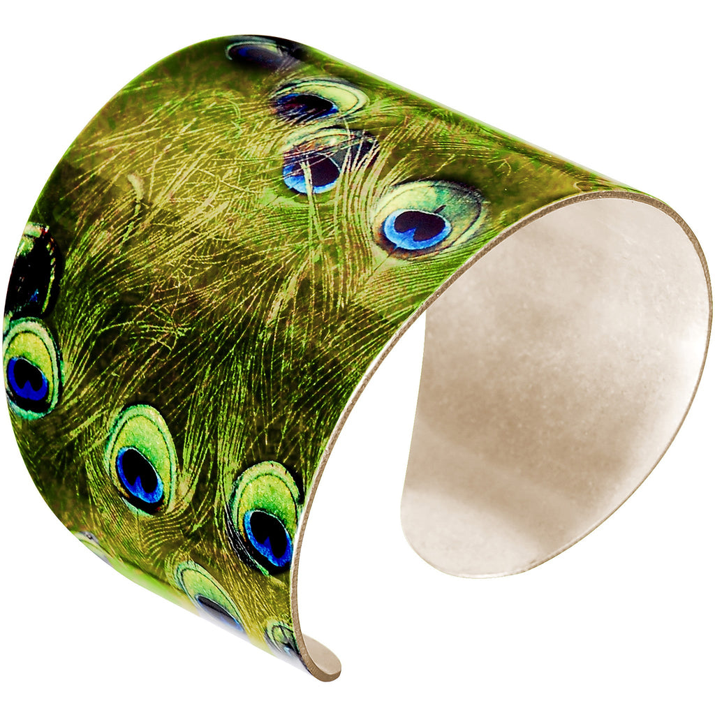 BodyCandy Glam Green Peacock Cuff Bracelet — detail close-up