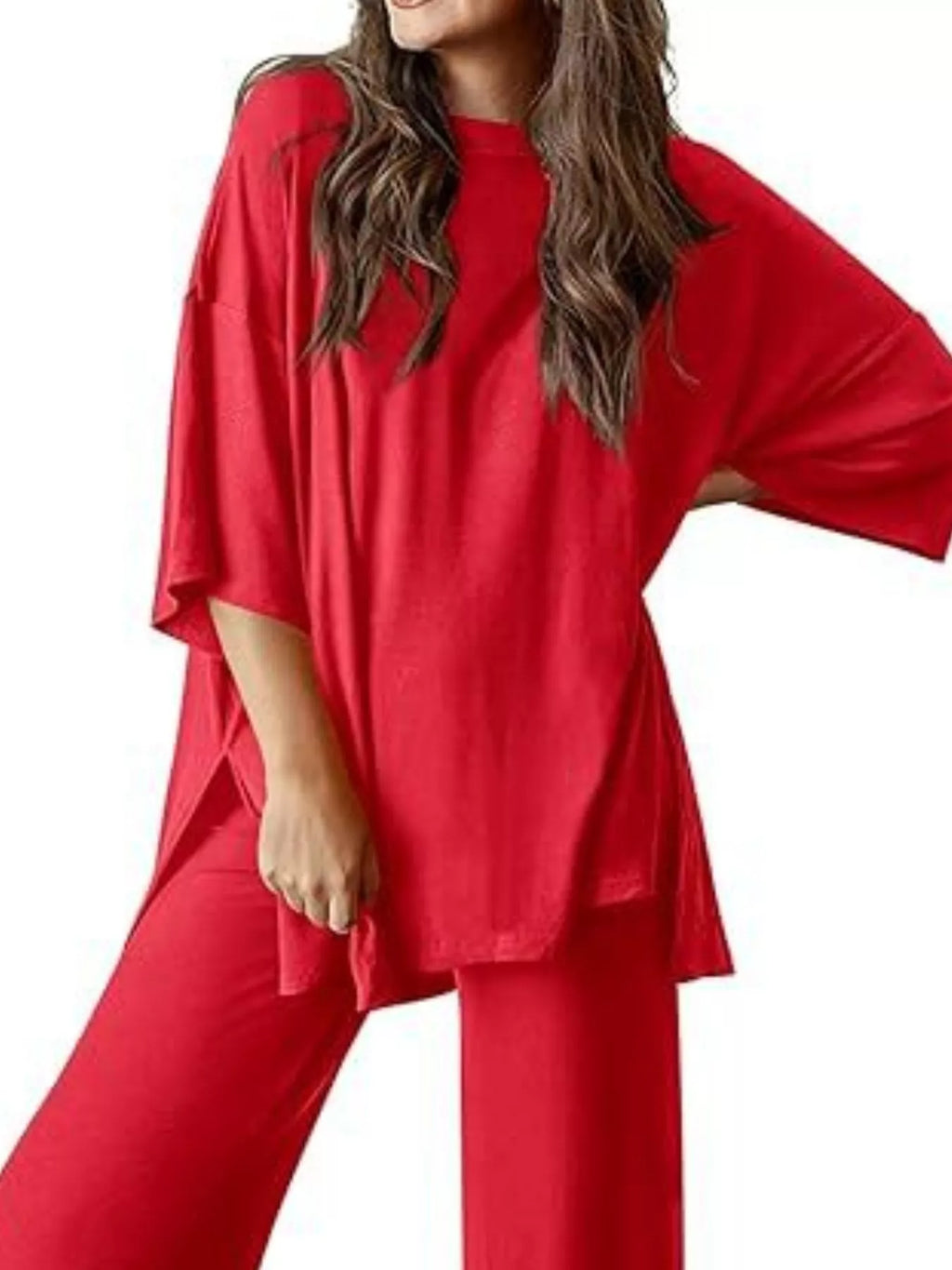 Relaxed Fit Round Neck Top and Pants Two-Piece Set