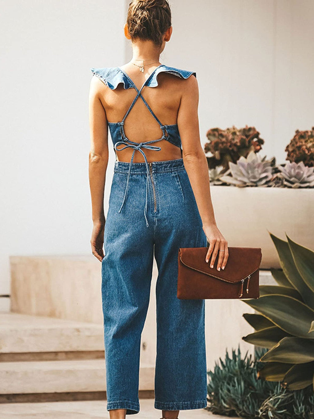 Ruffled Sleeveless Denim Jumpsuit
