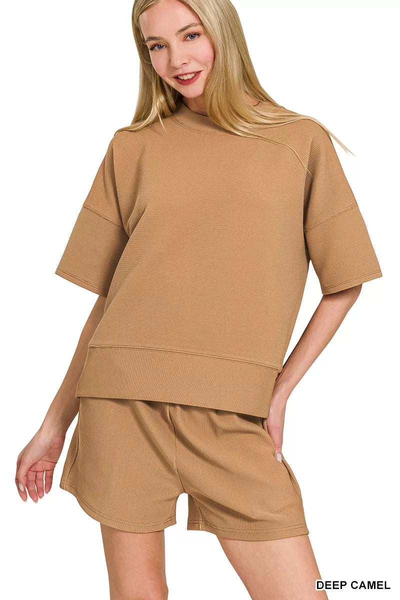Zenana Ribbed Round Neck Waist Banded Tee & Shorts Set