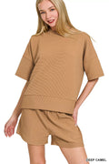 Zenana Ribbed Round Neck Waist Banded Tee & Shorts Set
