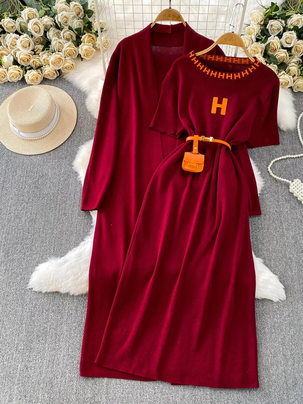 Round Neck Knitted Dress & Cardigan Set