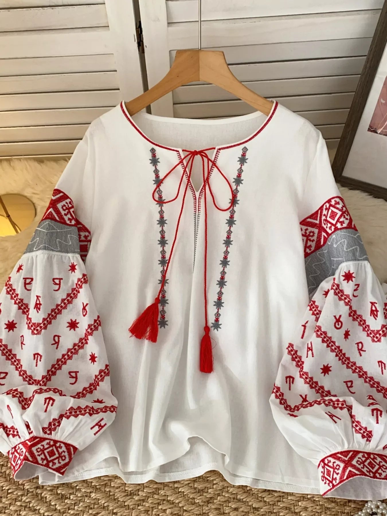 Embroidered Tie Neck Blouse