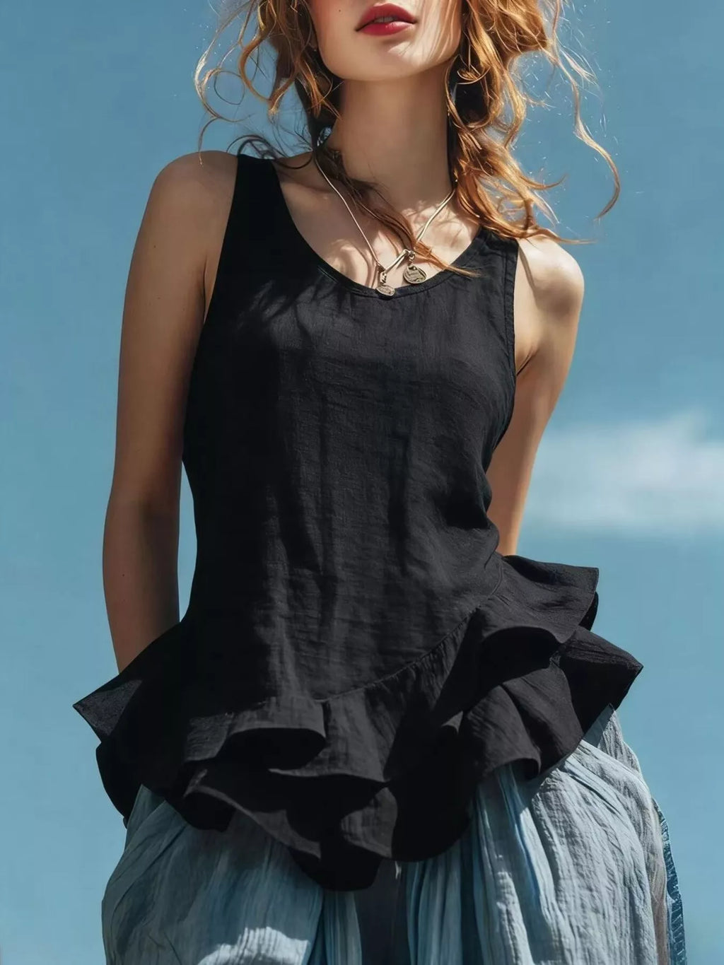 Ruffled Hem Round Neck Tank